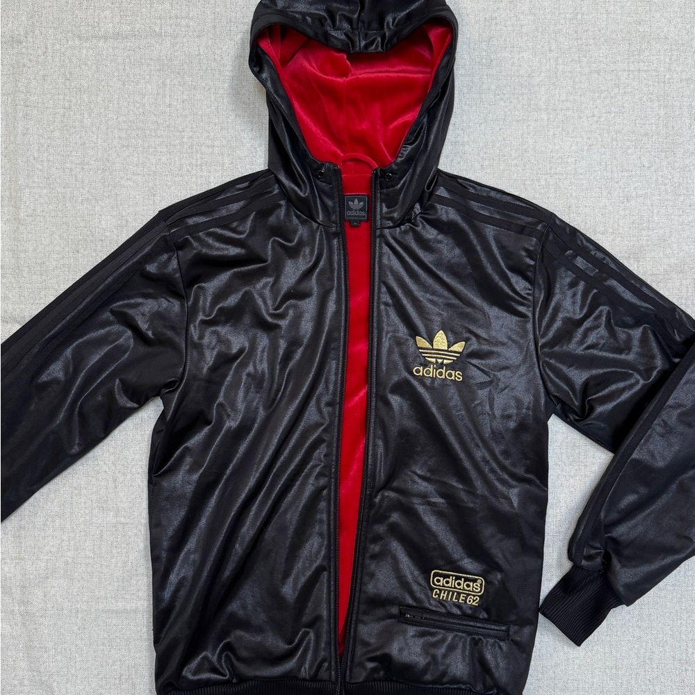 adidas Originals Black Jacket with Red Lining and Gold Accents